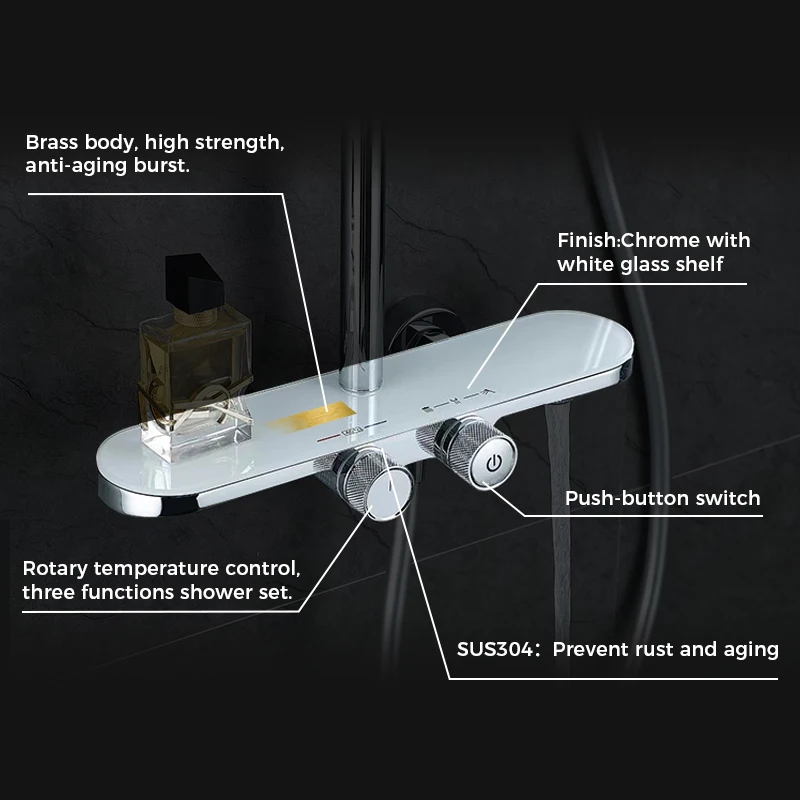 High Quality Smart Thermostatic Rain Bath Shower Set Rainfall Bathroom Shower Set Bathroom With White Glass Shelf