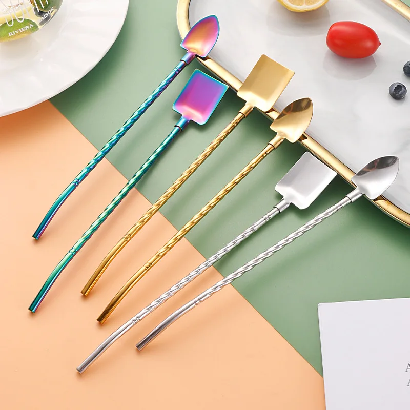 304 stainless steel straw spoon New creative straw spade dual-purpose coffee stirring spoon Threaded straw spoon