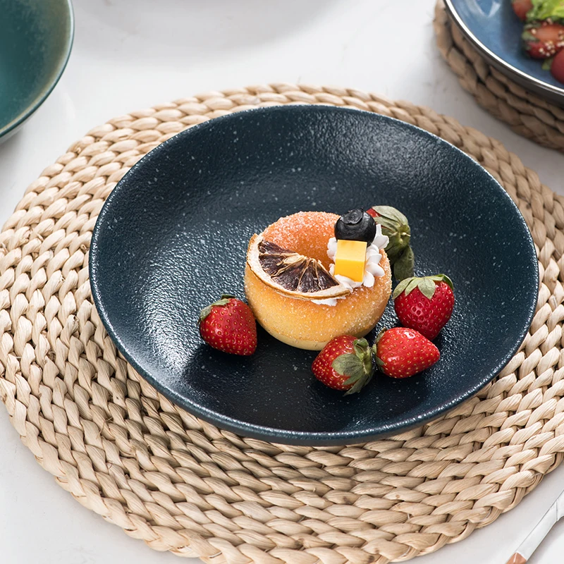 Retro Minimalism Style Dinnerware Set Round Porcelain Blue Marbling Tableware Plates Dish Set Ceramic Dinner Plate