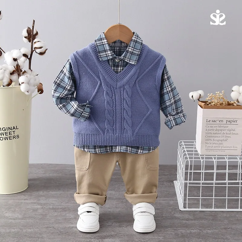 8102 Knitting Spring Autumn Children Clothes Baby Boys Vest + Blouse + Pants 3pcs/set Kids School Beach Costume