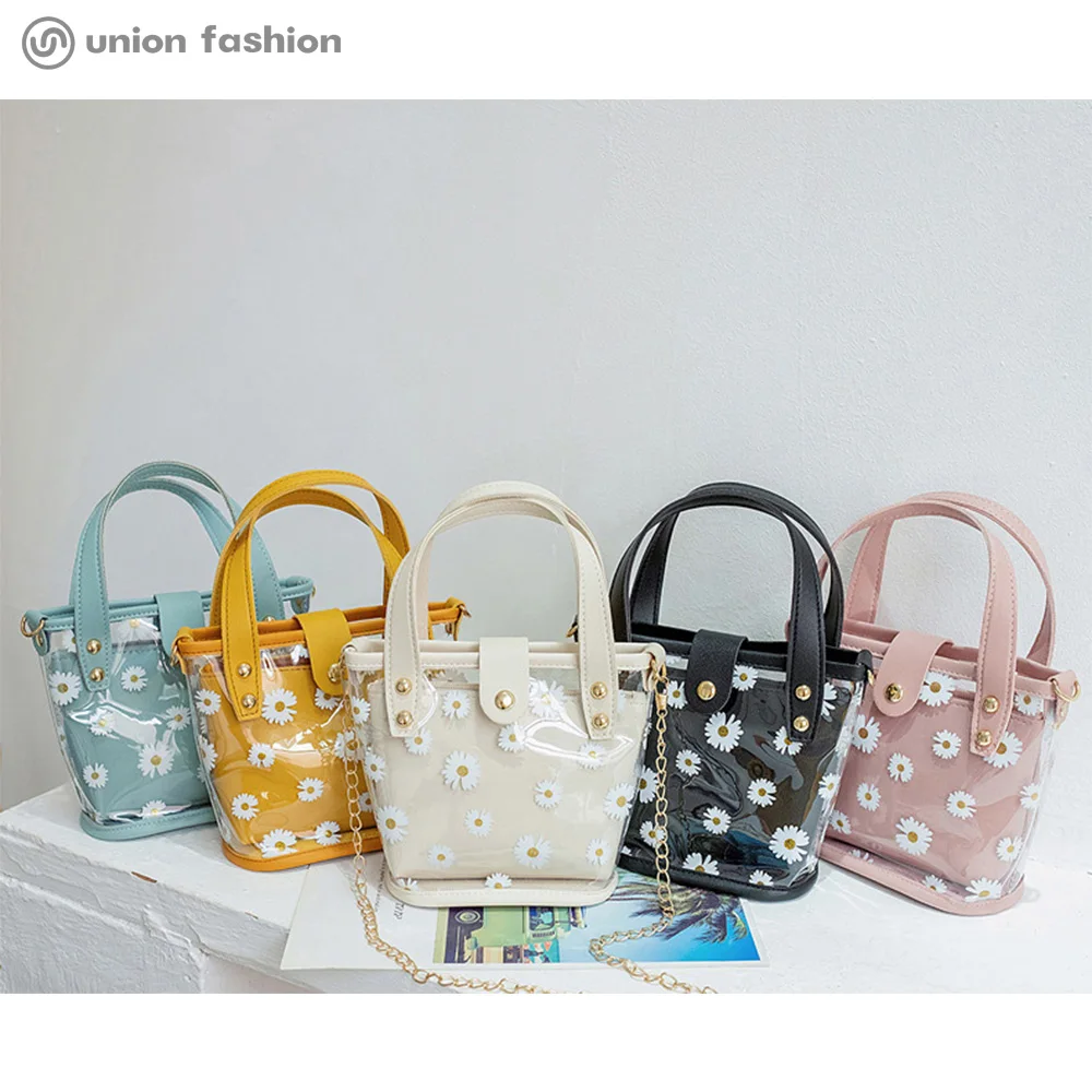 
Hot Selling Women Clear PVC Daisy Print Shoulder Crossbody Bucket Bags Handbags With 