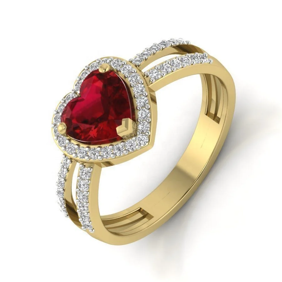 FirstMadam 18k Yellow Gold Heart Shaped Garnet and Round Lab White Diamond Halo Engagement Ring