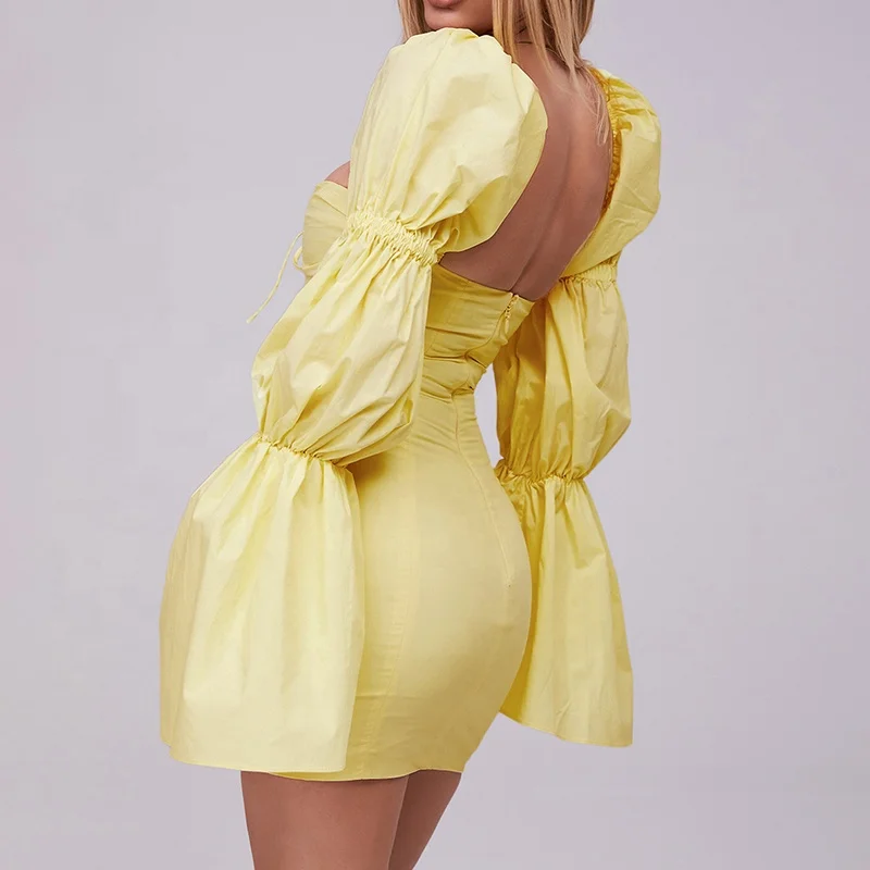 Weixin Women Clothing Professional Custom Lemon Lace Up Puff Sleeve Shirt Bubble Summer Design Mini Dress