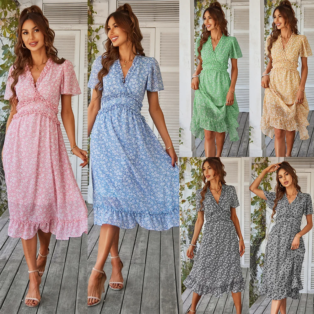 Latest Design Summer Bohemia Fresh Style Women Floral Printed Lacework V-neck Casual Dress Short Sleeve Ruffle Long Dresses