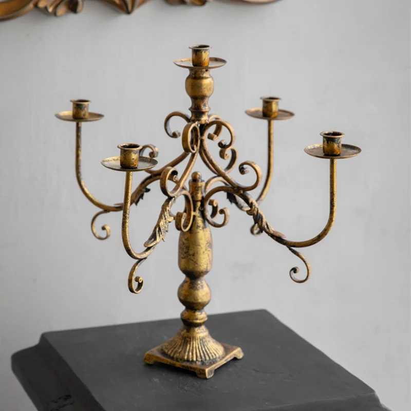 Antique Nordic Style Iron 5 Arm Candelabra Wedding Table Centerpieces Gold Metal Multiple Iron Candle Holder