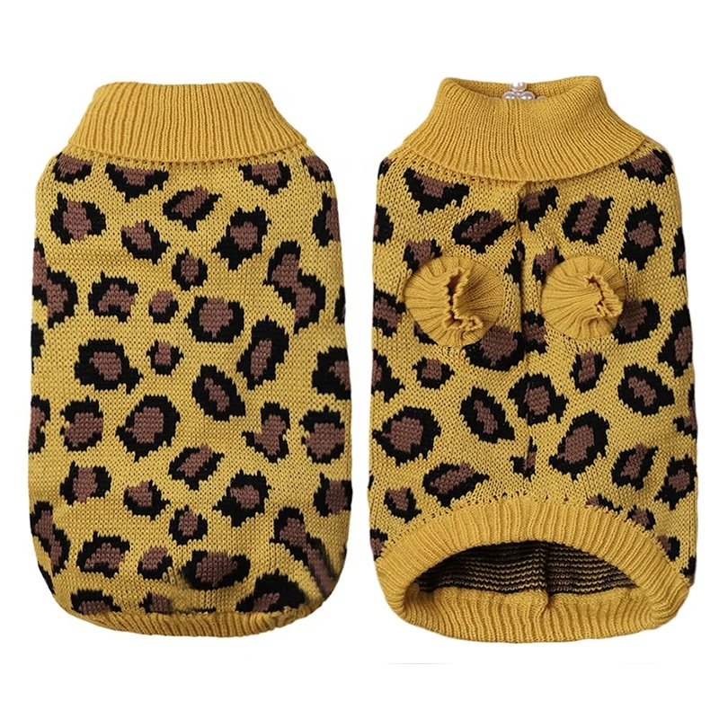 Hot Sell Leopard Pattern Pink Grey Khaki Wool Yarn Dog Jumpers Pet Knitted Sweater for Small Dogs