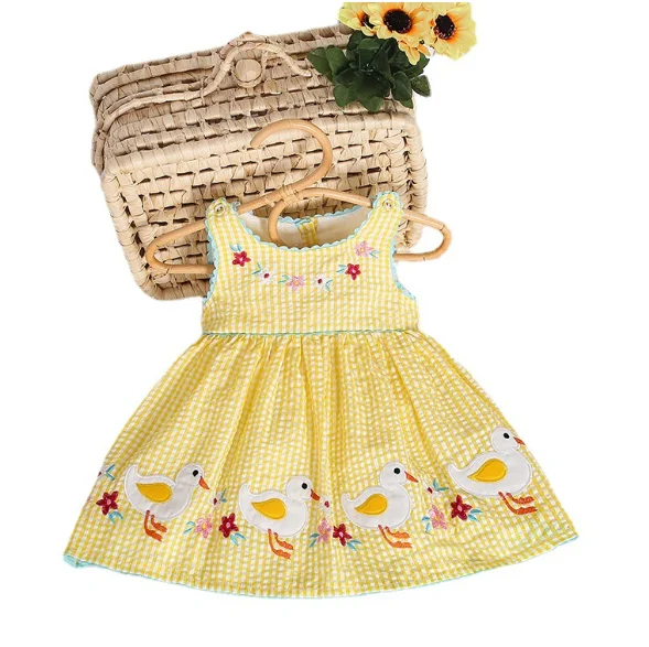 Children dress 1-3 Y baby girls embroidery  dress summer toddler skirt  in cotton yellow plaid dress cartoon