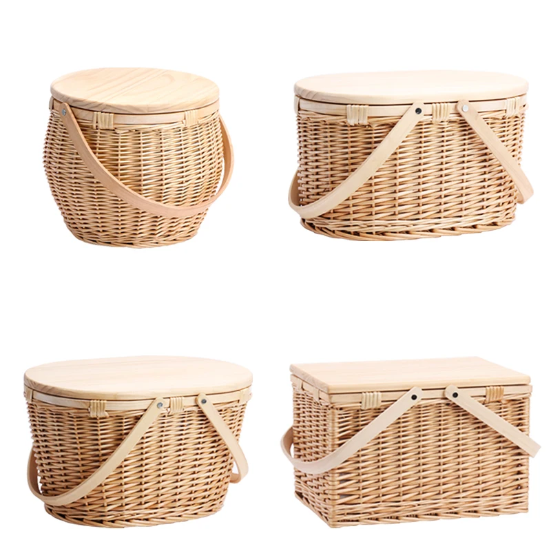 handle oval beach round willow wholesale insulated rattan cooler wood top wicker picnic basket with wooden lid for 4 person
