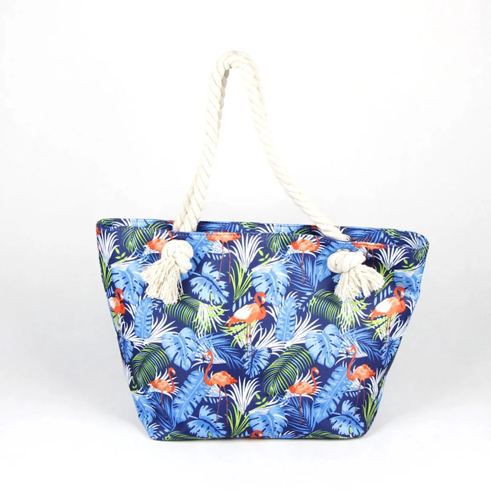 Customized Fashion Elements Flamingo Pattern Digital Printing Thick Rope Cotton Canvas Beach Bag
