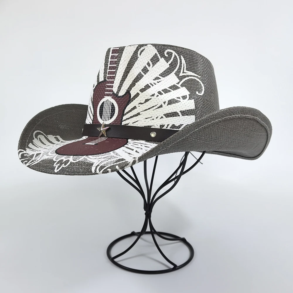 Stock Men Straw Cowboy Hat American Western Texas Straw Hat Shapable Brim Sombreros Guitar Painting Women Straw Cowgirl hat