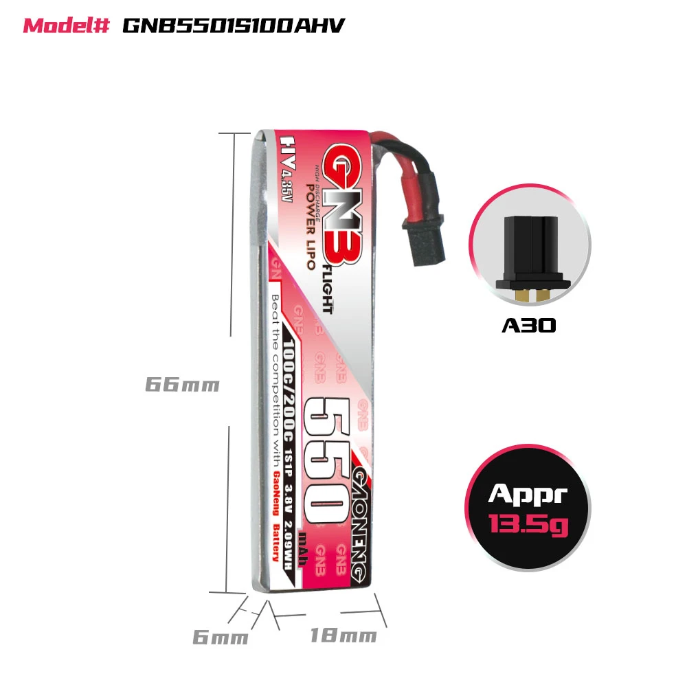 GAONENG GNB 1S 3.8V HV 550MAH 100C A30 Cabled RC LiPo Battery Mini Quads FPV Drone Mini Micro Whoops PowerWhoop Quad Quadcopter