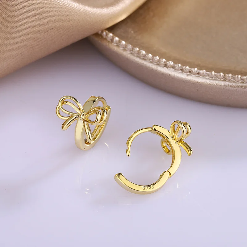 Korean Jewelry Wholesale - Copper Small Ribbon Bowknot Bow Huggie Hoops Earrings for Women Cute Gold Ribbon Bowknot Hoop Earring