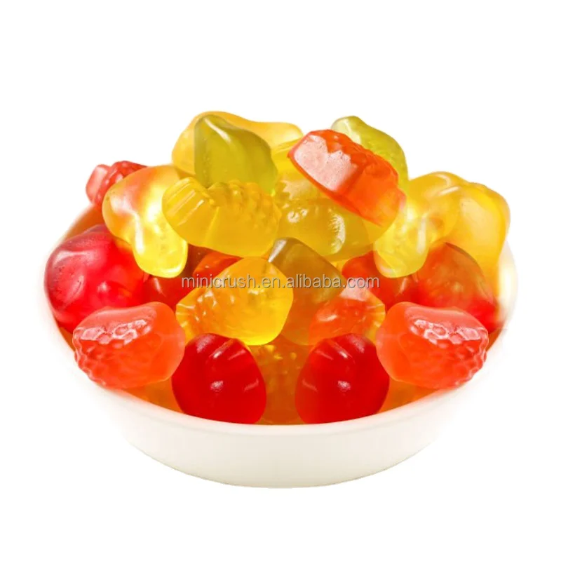 Custom bulk fruity gummy candy multi colored low sugar fruit shape cartoon coated soft fruit candy