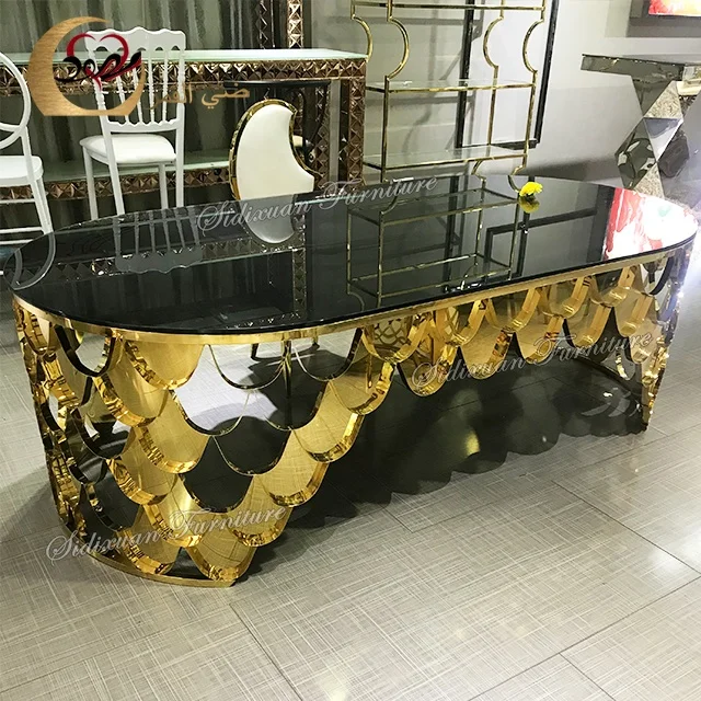 Glass top fish scale table legs gold dinner dining table set 6 chairs