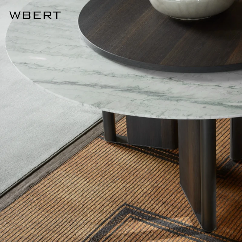 WBERT Modern  Living Room with Rotary Table, Solid Wood Marble Round Table Hotel Restaurant Furniture Minimalist Dining Table