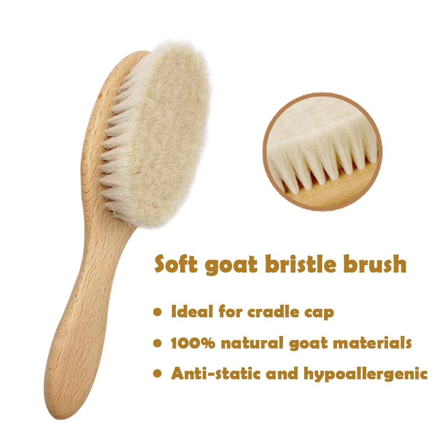 Factory Soft Goat baby hair brush newborn brush hair baby wooden hair brush and comb set
