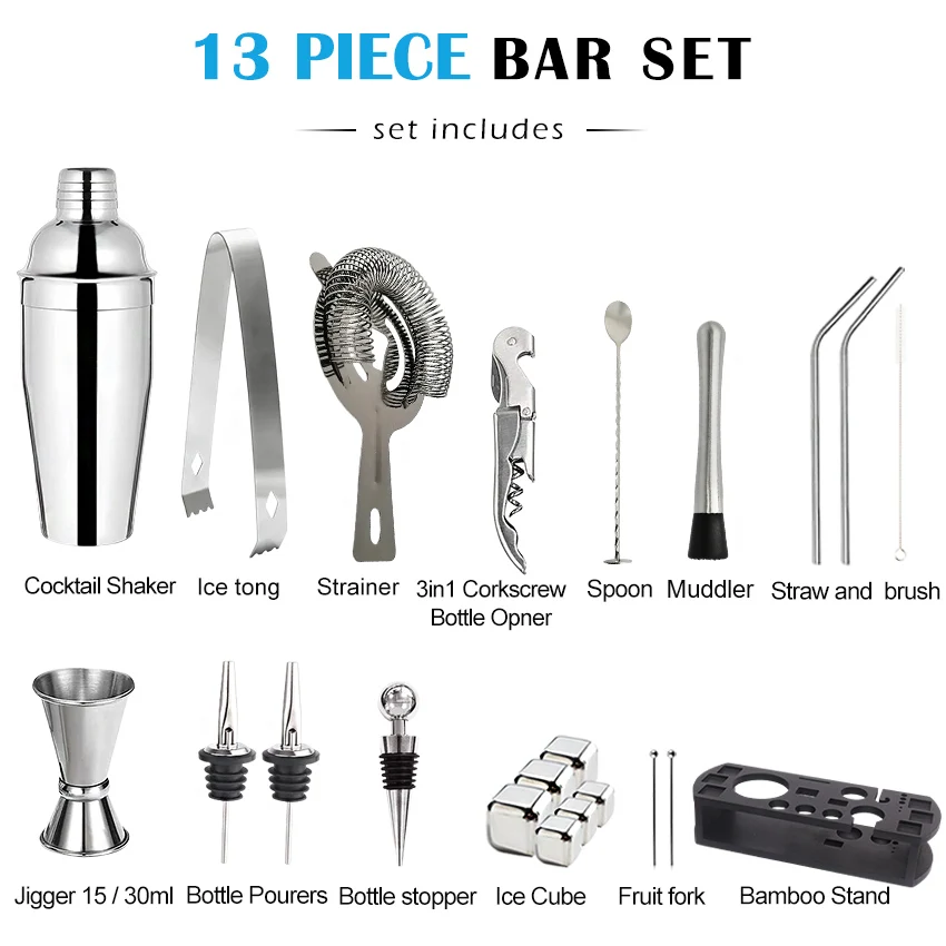 22-Piece Bartender Kit Drink Shaker Stainless Steel Cocktail Shaker Set with Black Wooden Stand