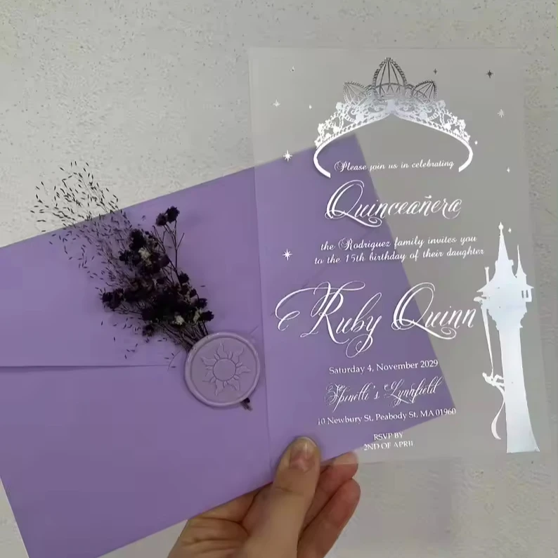 custom Silver Gilding Rapunzel Crown Themed sweet fifteen quinceanera invitation card with Lilac envelope