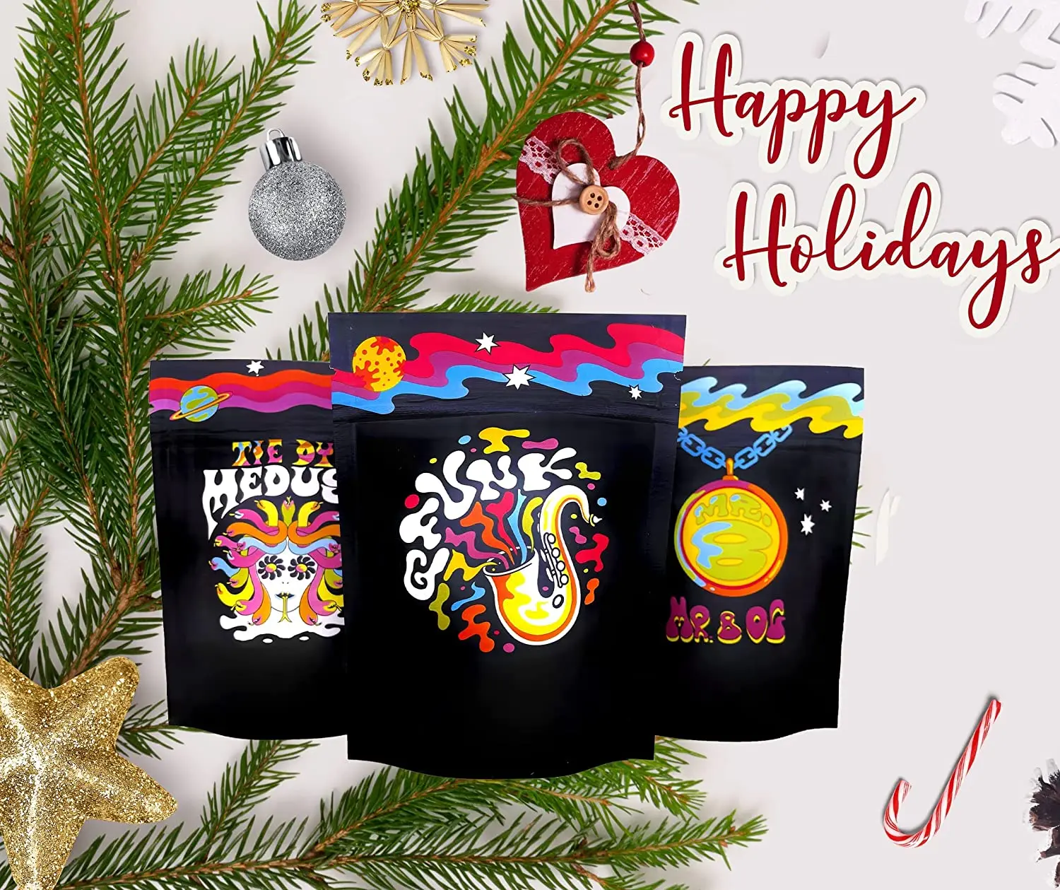 MIX Holographic Printed Design Stand Up Pouch Storage and Cookie Polyester Film Bag Resealable Zip Lock Foil Mylar Bags