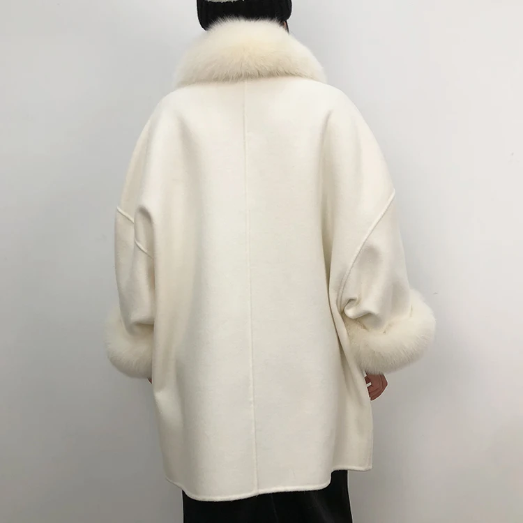 Women new fashion fox fur collar cloak short 100% genuine wool trench coat