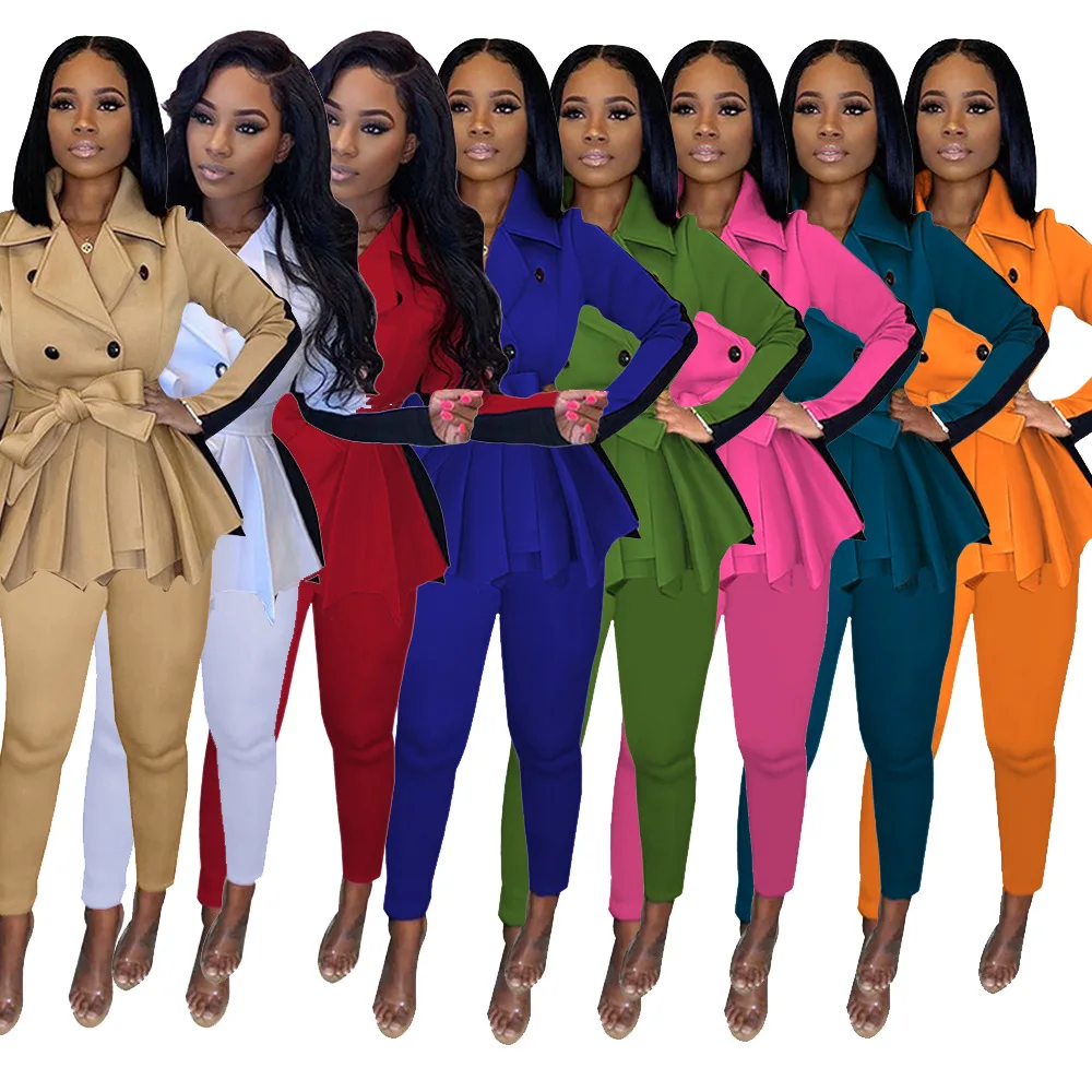 
2021 Blazer Ladies Color Block Turndown Collar Full Sleeve Pleated Tops Women Blazer Set 