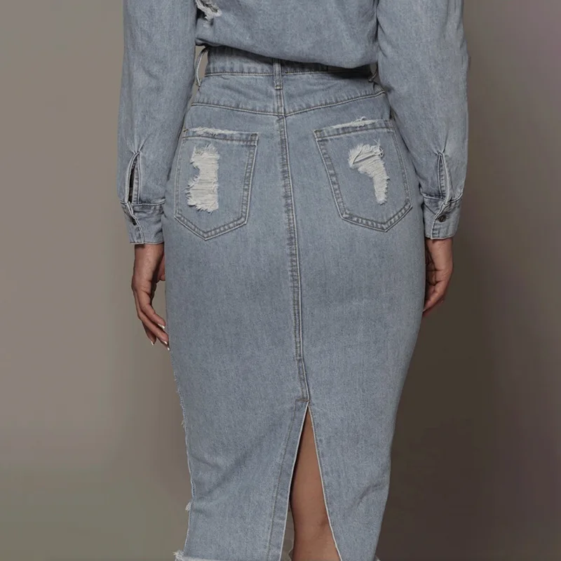 Fashion Hot Selling Womens High Waist Casual Jean Skirts Sexy Ripped Tight Denim Skirt For Girl