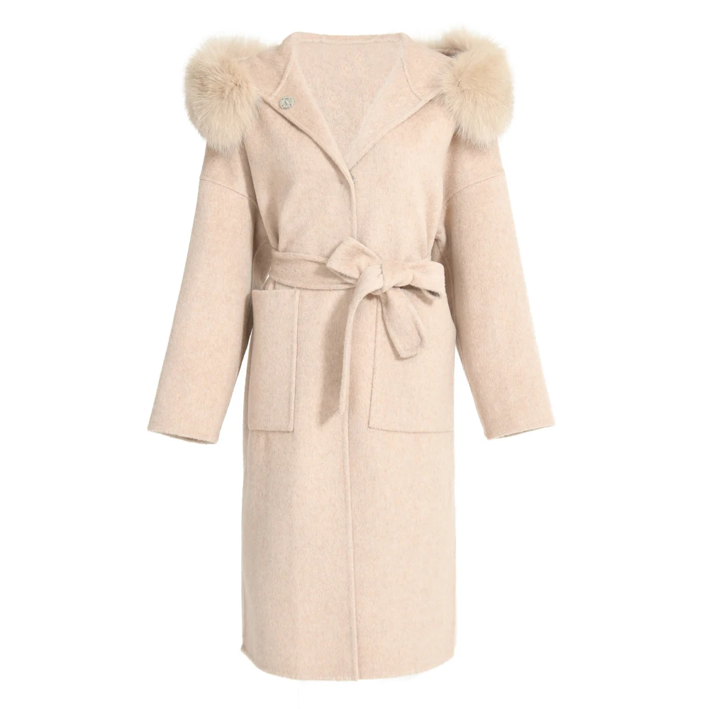 High Quality Cashmere Long Coat Women Winter Real Fox Fur Collar Belt Alpaca Wool Women Hooded Wool Coat