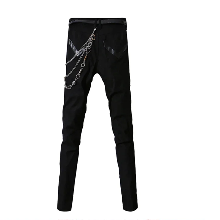 men slim fit chain denim hip hop multi zipper pants