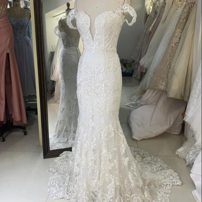 Embroidery tulle off shoulder mermaid fitting bridal dresses with long train for wedding dresses for women