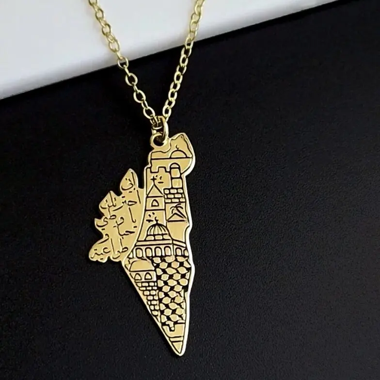 Wholesale High Quality 18k Gold Plate Palestine Jewelry Map Necklace With Arabic Calligraphy Stainless Steel Pendant Necklace