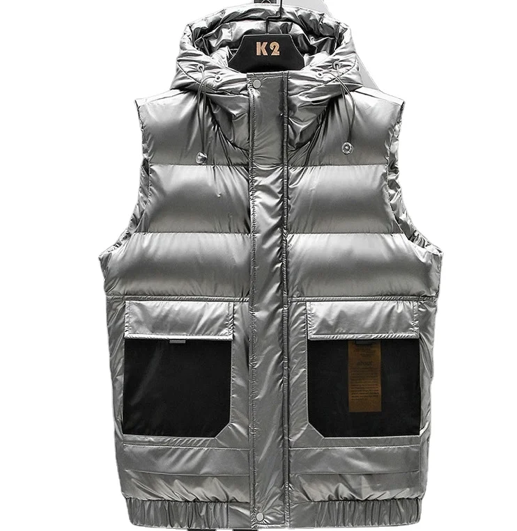 Модный глянцевый мужской пуховой жилет большого размера, зимняя пуховая куртка с капюшоном, мужские жилеты и безрукавки (1600352406212)