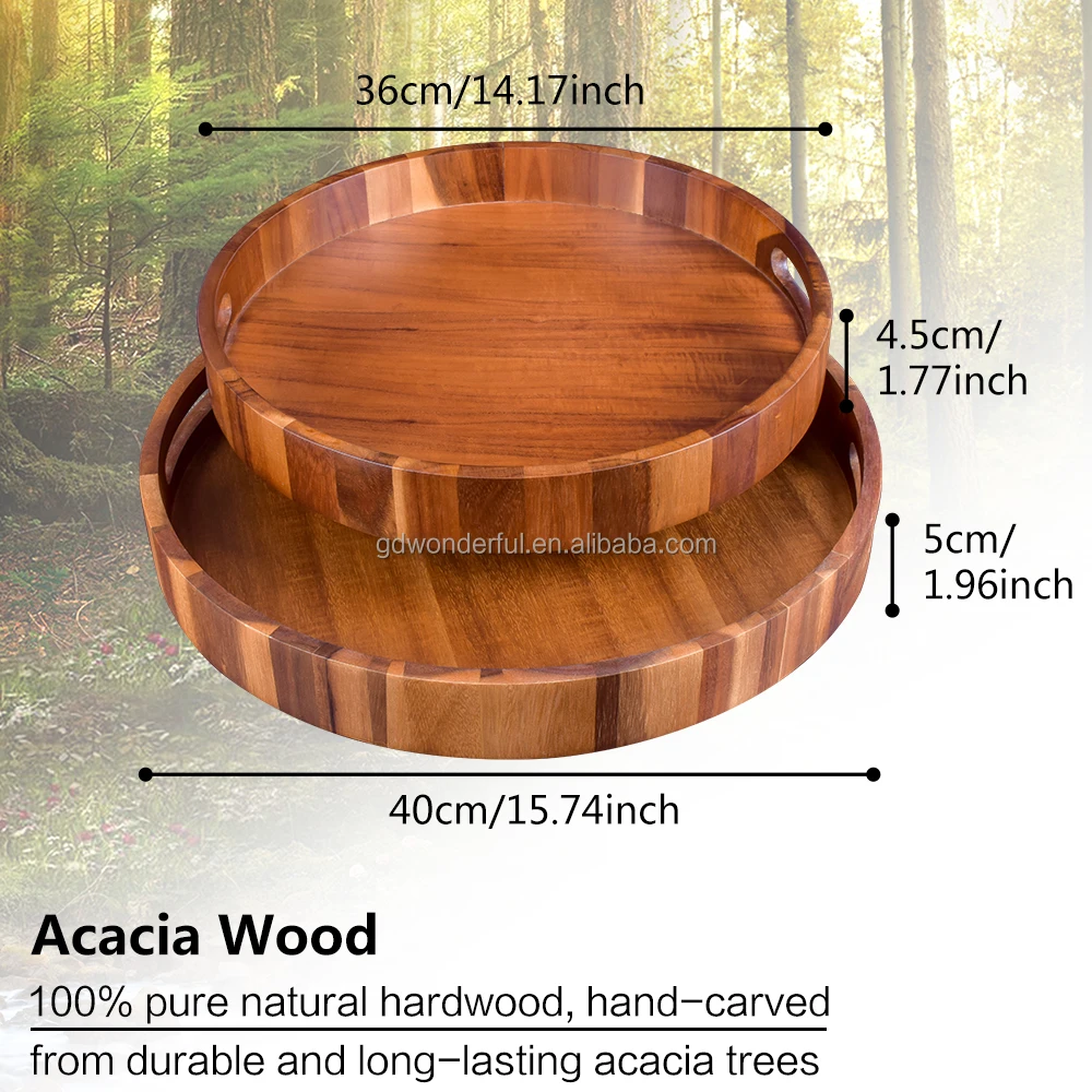 Factory Price custom acacia round wood food tray wooden serving tray with handle