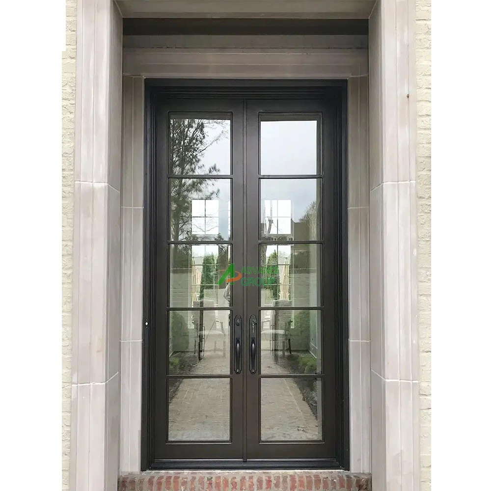 High Quality Exterior Steel Casement matte Black French Door Arch Wrought Glass Door  With grids