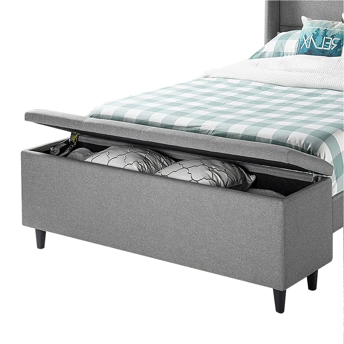 Новейшая трендовая темно-серая деревянная подставка для кровати из льняной ткани с Оттоманской скамейкой