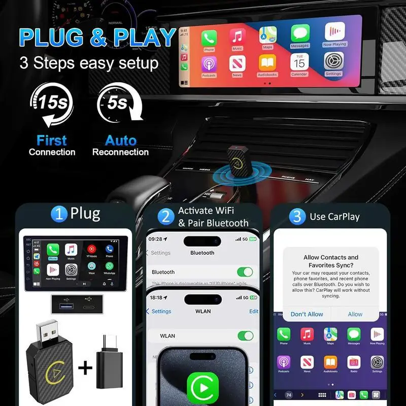 Carplay Wireless Adapter for Factory Wired Carplay 2024 Upgrade Plug & Play Dongle Converts Wired to Wireless for Cars