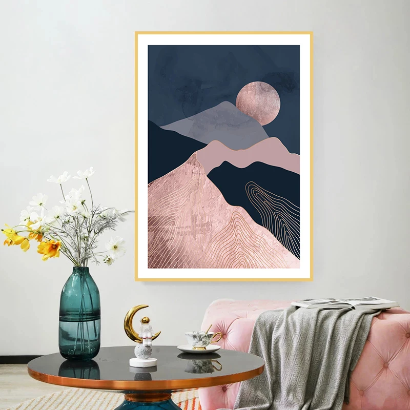 Abstract Sun Moutain Landscape Canvas Painting Wall Art Print Gold Foil Mountain Modern Minimalist Poster Living Room Wall Decor