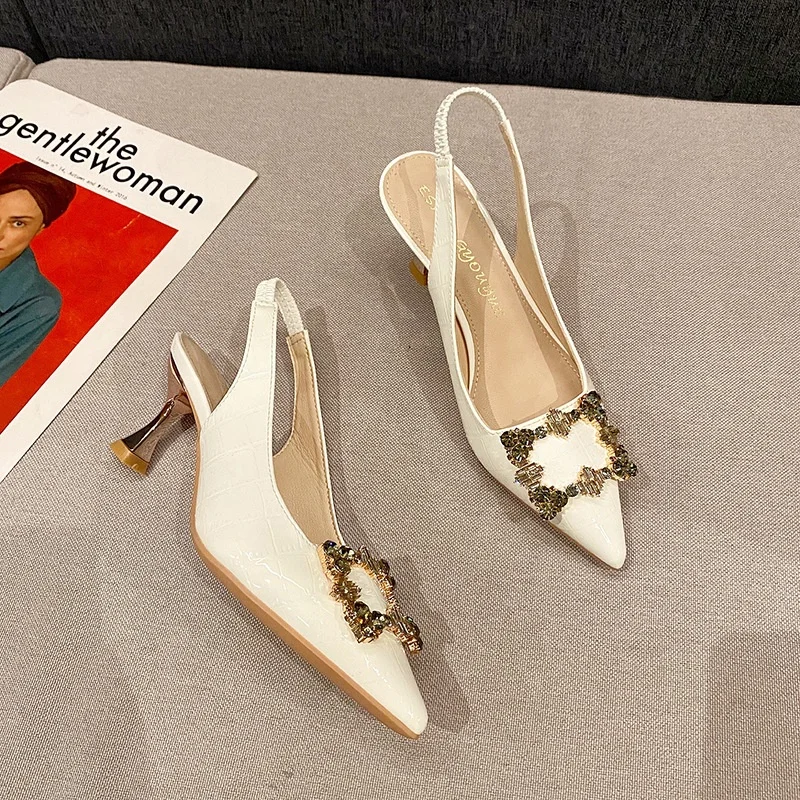  2021 Fall New Backspace High Heels Pointed Shallow Mouth Fashion Rhinestone Square Buckle Temperament Single