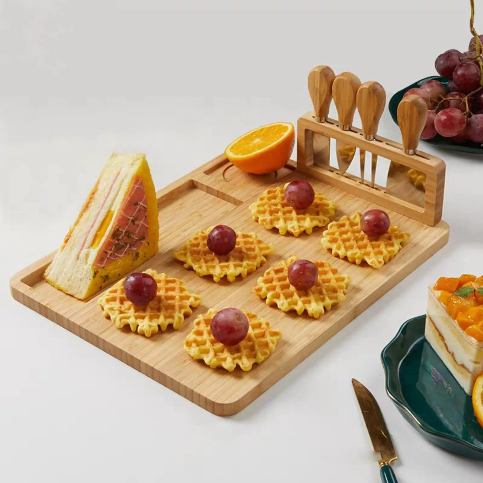 Rectangle Bamboo cheese board with bamboo wood handle and knife set bamboo fruit plate for Family reunion