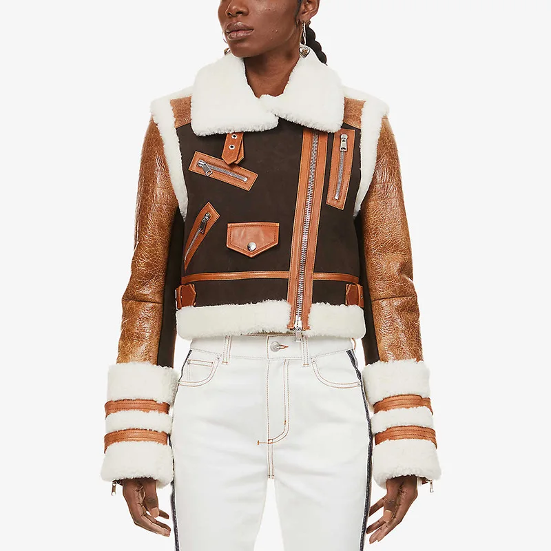 New 2022 Winter Clothes Women Collar Oblique Zipper Women Jackets Deerskin Fur Splice Short Women Winter Jacket