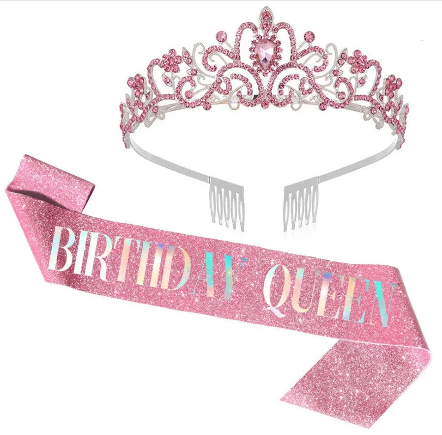 New Wholesale Birthday Princess Sash Tiara Crystal Crown Birthday Girl Sash Party Favors Birthday Party Decorations