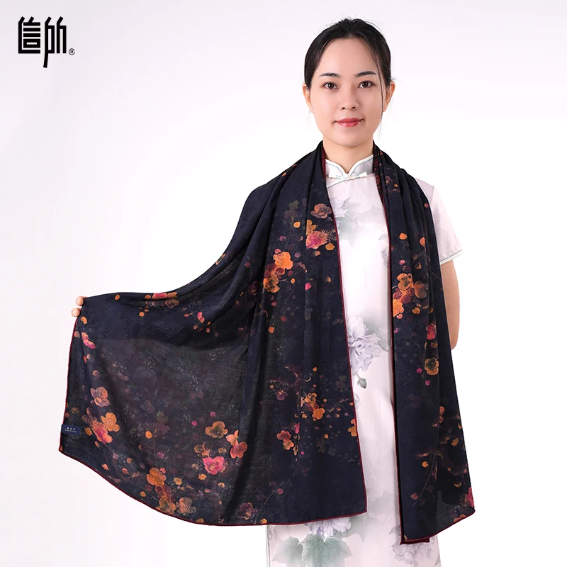 Retro Style New Long Large 180*70cm Silk Shawls For Muslim Women Dressing Wraps Fancy Flower Printed Silk Scarf Hijab