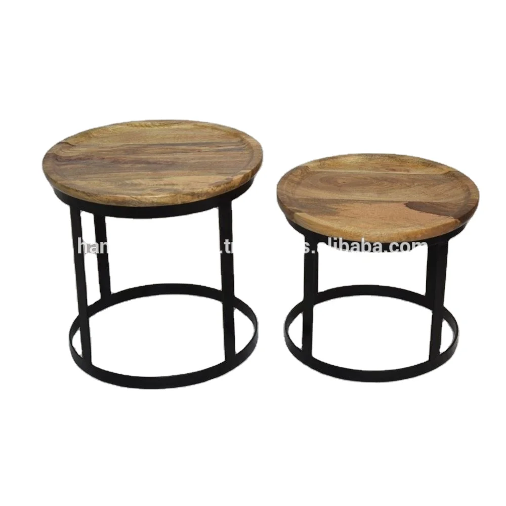 
Industrial Round Base Mango Wood Top Coffee Table Set of 2 56x56x47 cm 