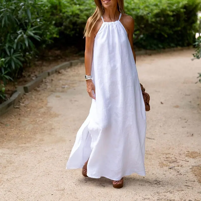 2024 Summer New white sleeveless white beach dress halter split Cotton Hemp Fashion linen long Dress for Women