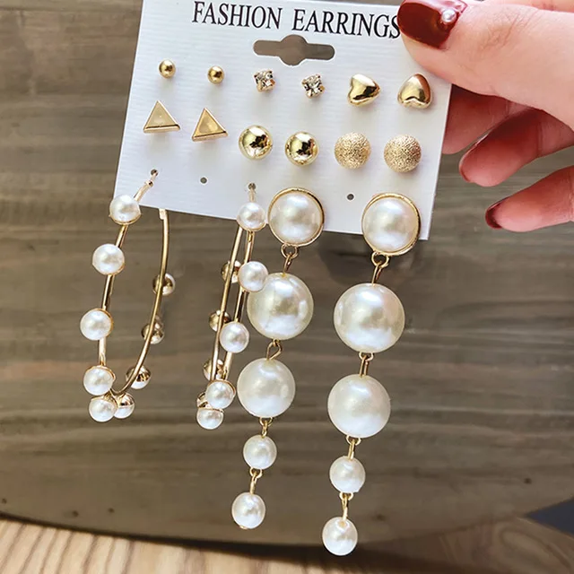 Trendy Gold Metal Earrings Set Fashion Geometric Pearl Circle Drop Earrings 2021 Trend Set of Earrings Jewelry For Women