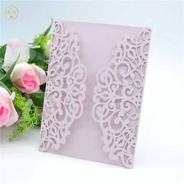 Rose gold glitter paper laser cut elegant wedding invitations