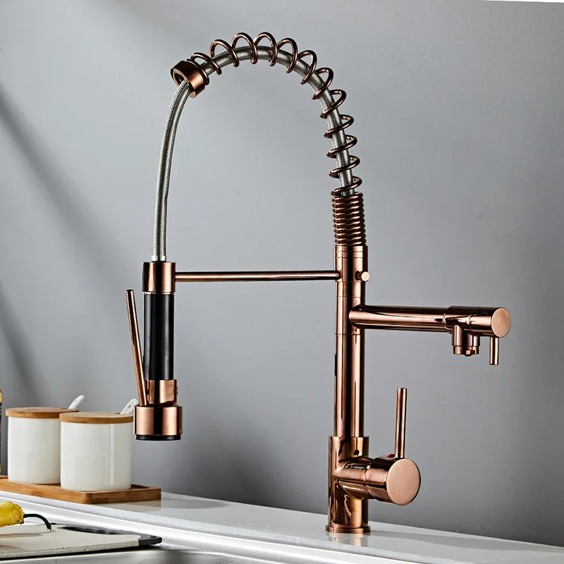 Plated Kitchen Sink Faucet Spray Kitchen Faucet Gold with Pull Down Kichen Faucet Hot Cold Water Kitchen Tap Single Handle Brass