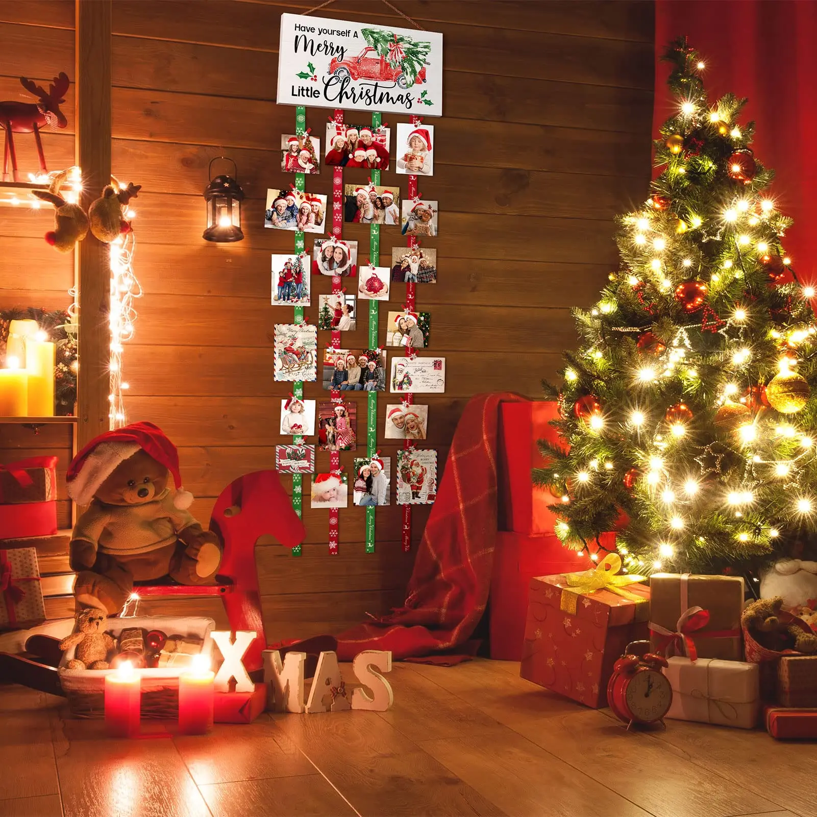 Christmas Card Holder Farmhouse Merry Christmas Sign Card Display Hanging Wood Sign Decor With 30 Photo Clips Photo Holder