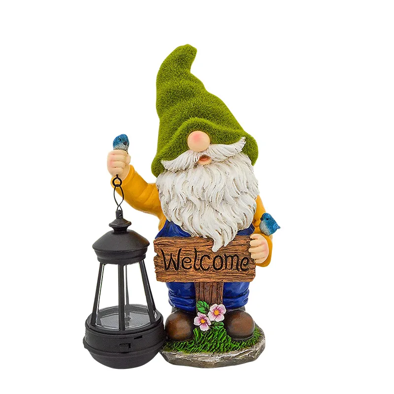 Garden Sculptures Gnome Statue Resin Figurine With Solar Light and Welcome Sign for Outside Patio Yard Lawn Decor