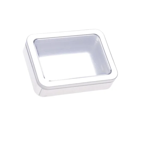 Wholesale tin metal silver box container with window lid factory price cosmetic tin can