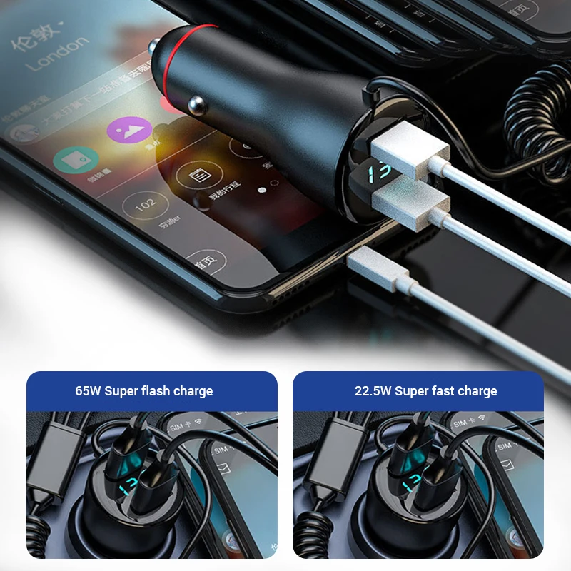 Type C QC 3.0 Quick Car Charger With 3 in 1 USB Cable Cigarette Lighter For iPhone Samsung USB Type C Fast Phone Charger